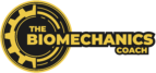 A yellow cog style logo with the writing 'The Biomechanics Coach' on top of a black background